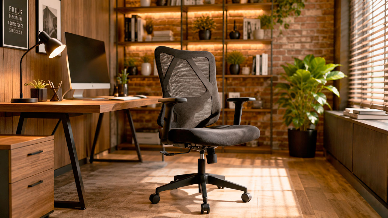 Silla ENKO Gerente para oficina en ambiente de oficina moderno con iluminación natural y luz amarilla al lado de escritorio